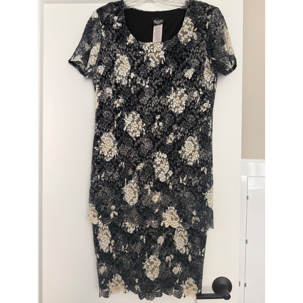 Helene Blake Petite Black Gold Floral Lace Tiered Evening Dress 12P 4232573